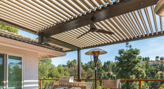 backyard white louvers roof pergola with fan StruXure Pergolas In Northern California - Smart motorized Pergolas for Homeowners, contractors, and businesses