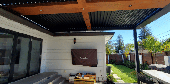 backyard black louvers roof pergola - StruXure Pergolas In Northern California - Smart motorized Pergolas for Homeowners, contractors, and businesses
