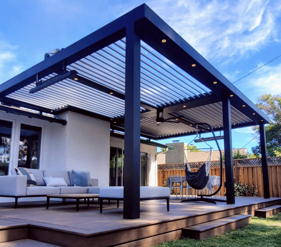 backyard white louvers roof pergola - StruXure Pergolas In Northern California - Smart motorized Pergolas for Homeowners, contractors, and businesses