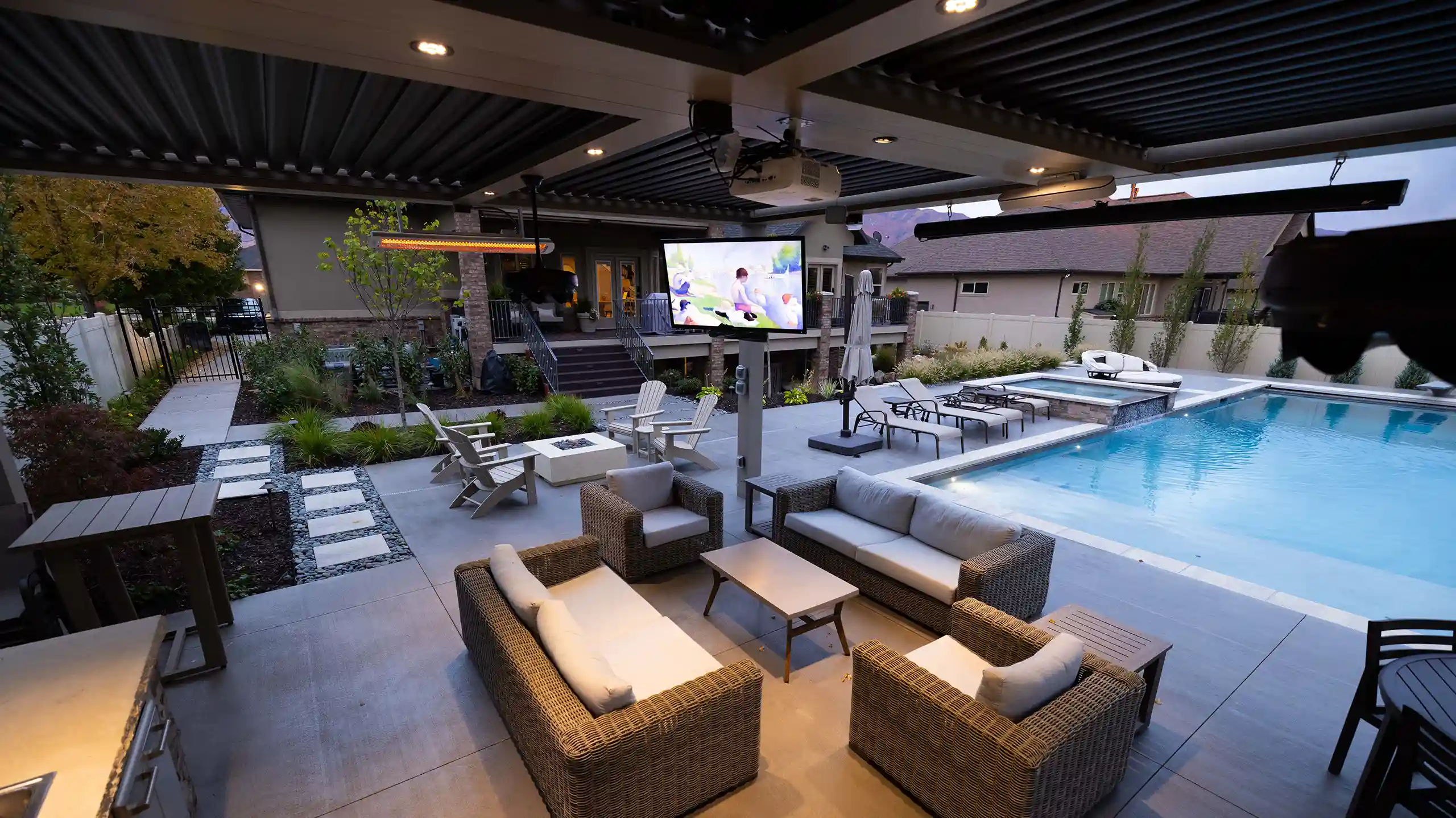 Photo of a commercial pergola providing cover for a pool area.